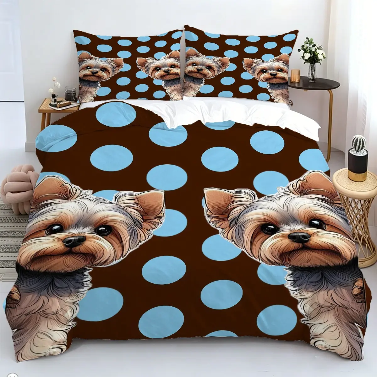 2/3 Piece Cute Yorkshire Terrier Duvet Set, Brown Blue Polka Dot Yorkshire Terrier Print Bedding Set, Soft And Comfortable Duvet Set With 1/2 Coreless Pillowcase, Zipper Closure, Suitable For Bedroom Bedding Set