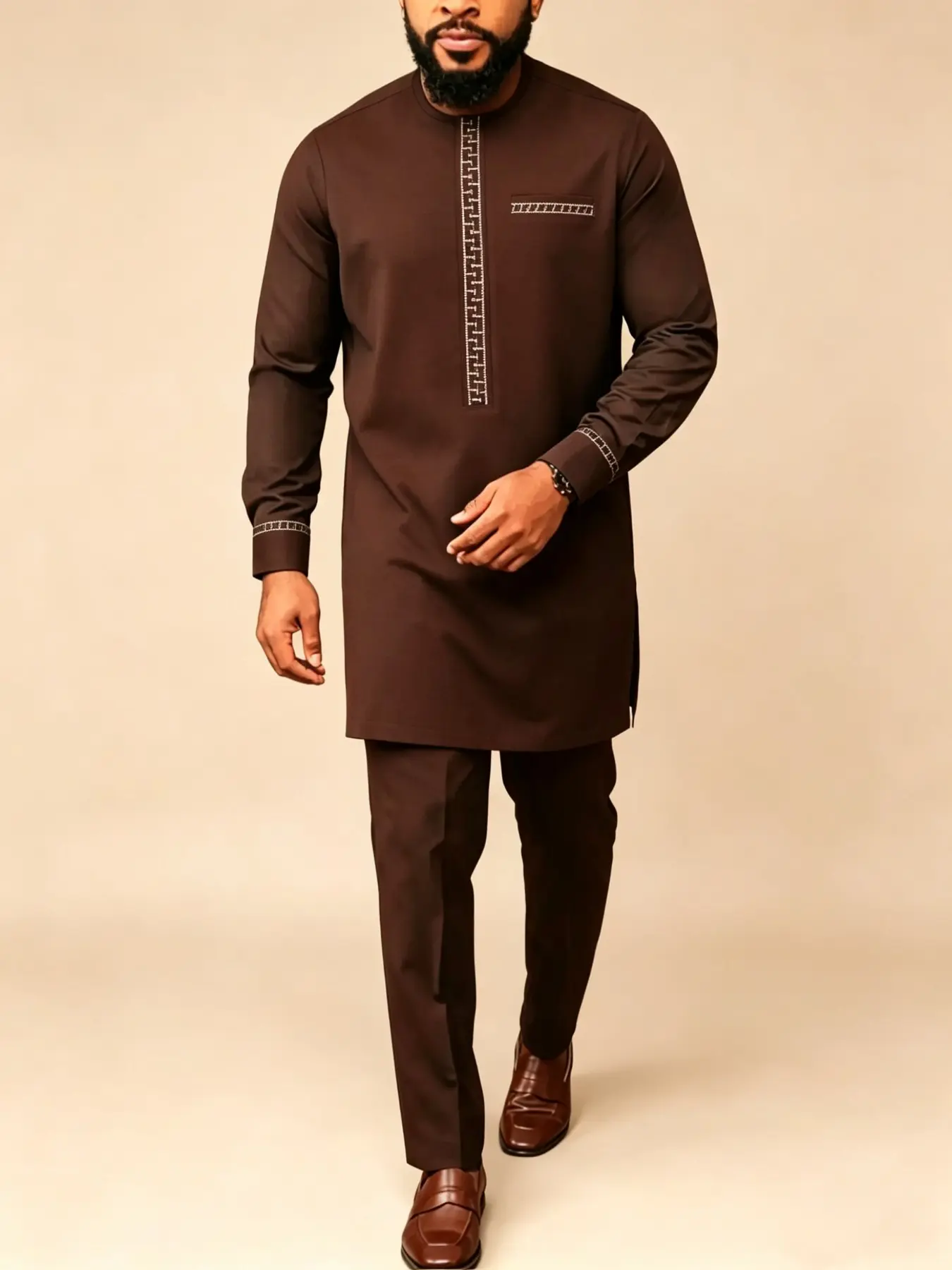 African Style Cultural Men's Suit, Long Sleeve Embroidered Round Neck Shirt and Casual Pants, Traditional Clothing for Festivals and Weddings, Embroidery