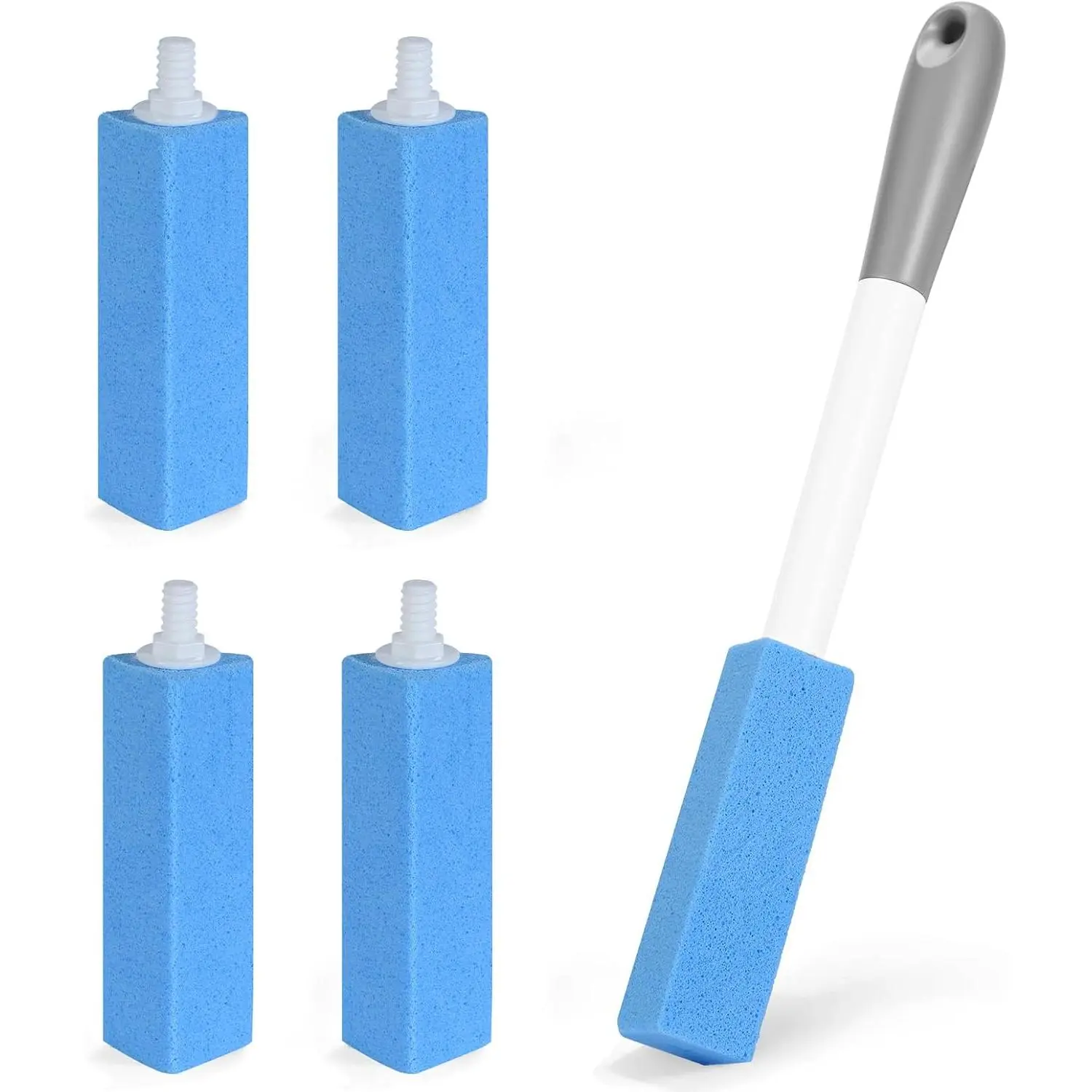 4 Pack Toilet Pumice Stone with Extra Long Handle,Pumice Stone Toilet Bowl Cleaner,1 Cleaning Handle, 4 No  Replaceable Piedra Pomez for Cleaning Toilets, Bathtubs, Grills, Sinks(Blue)
