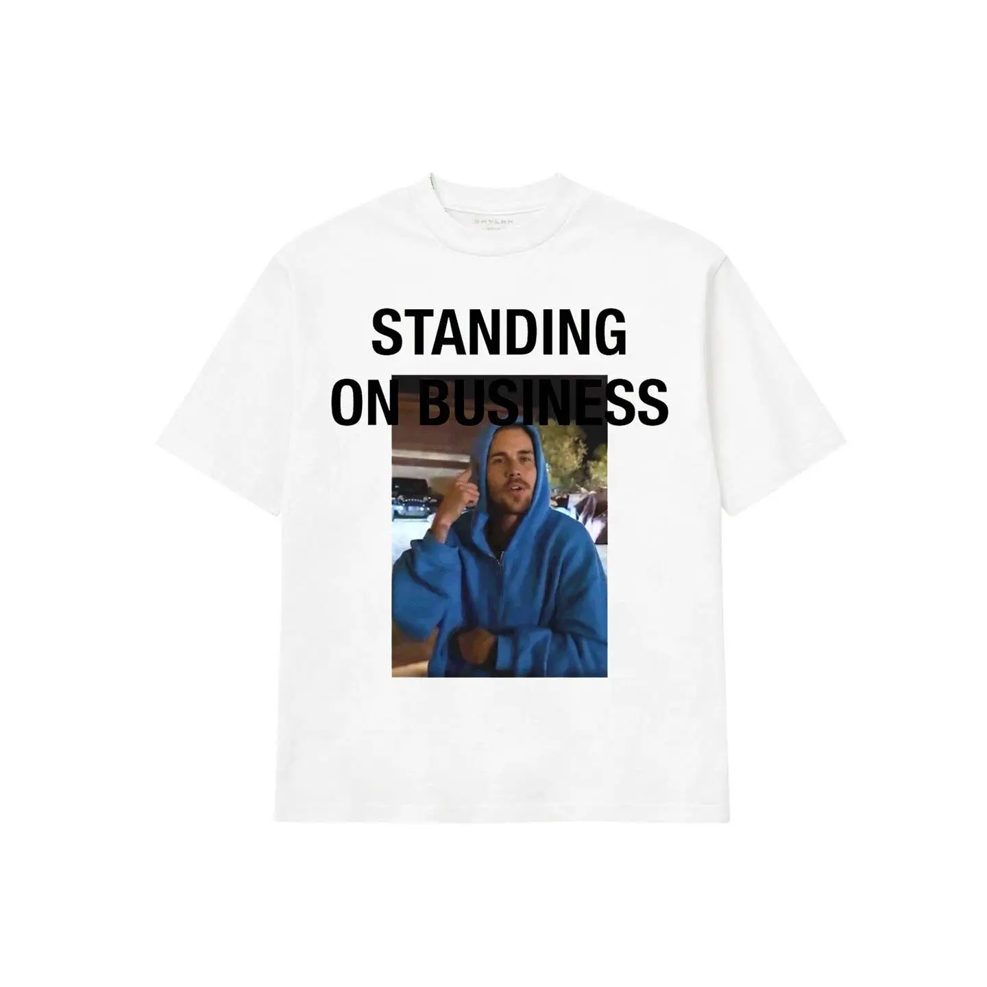 '’Standing On Business'’ Viral Meme Graphic T-Shirt Short Sleeve, Trendy Streetwear Shirt, Blue Hoodie Man Portrait Slogan Print Oversized Cotton Graphic Tees Casual Trendy Streetwear Shirt Hip Hop Unisex Tee