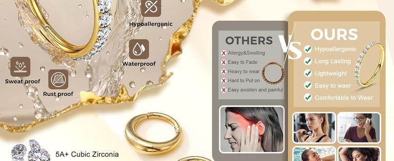 MILACOLATO Septum Nose Rings Hoops - 316L Surgical Steel Septum Rings CZ Opal Silver 14K Plated Gold Hoop Nose Ring for Women 16G/18G Clicker Cartilage Earring Conch Daith Nostril Piercing Jewelry 8mm/10mm 8Pcs