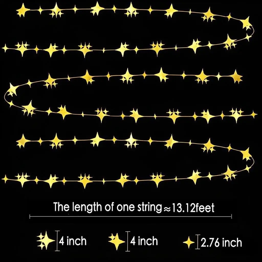 Glitter Gold Four-Angle Star Paper Garland Banner Decor, 40 Feet Twinkle Star Hanging Bunting Backdrop for Wedding Baby Shower Birthday Graduation Disco PartyGift
