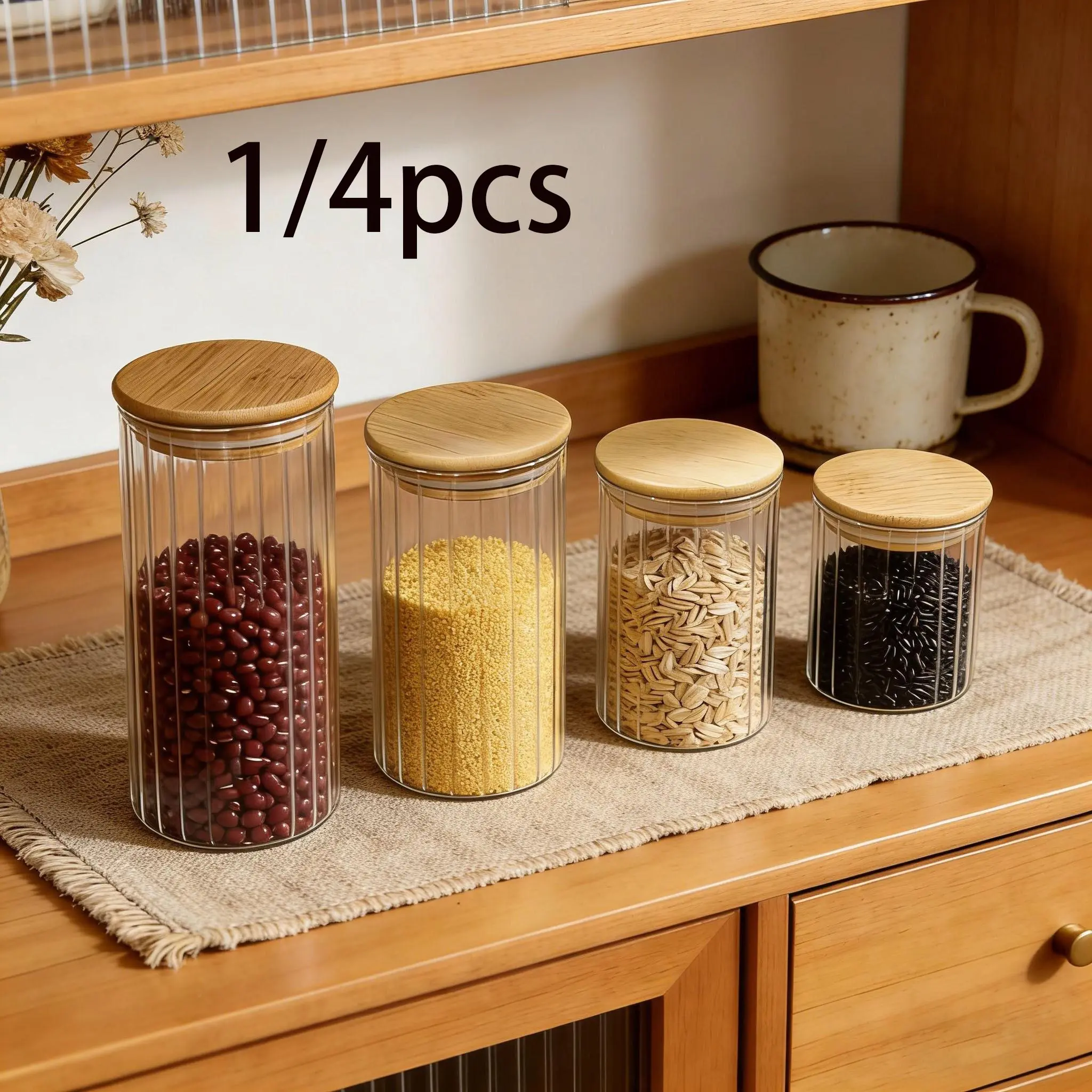 Glass Storage Jar, Sealed Clear Food Container with Wood Lid, Canister, Sealed Food Jars, Multi-Size Options, Ideal for Kitchen, Flour, Sugar, Tea, Coffee, Snacks, Spices, Airtight Glass Containers