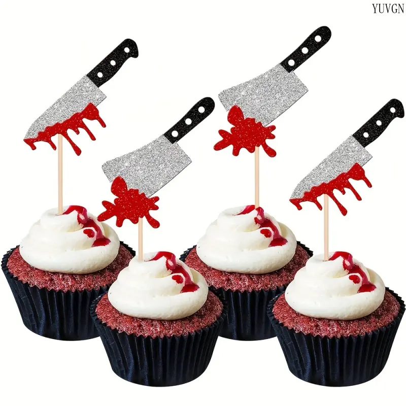 24pcs Horror Halloween Cupcake Toppers Glitter Scary Blood Knife Cupcake Picks for Halloween Theme Have a Killer Birthday Party Cake Decorations Supplies