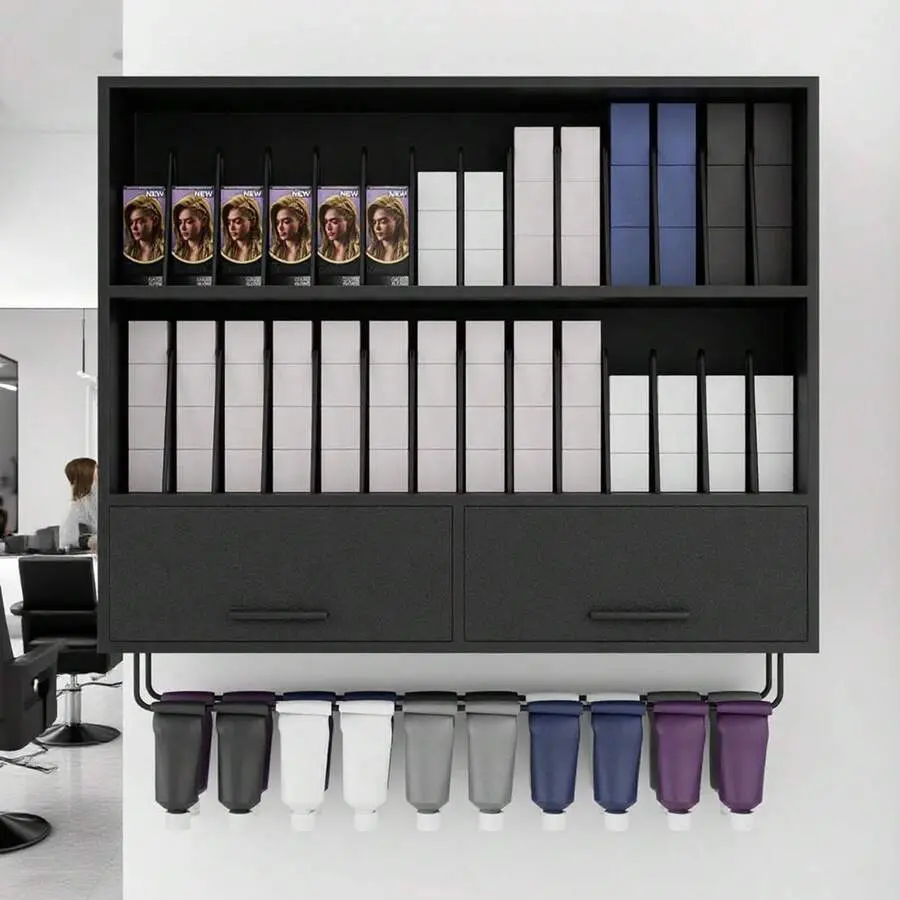 Metal Hair Color Organizer Rack Shelf - Mounted Salon Furniture with Adjustable Dividers, Hanging Space, Beauty Products Storage, Salon Decor & Decoration for Barber Stations