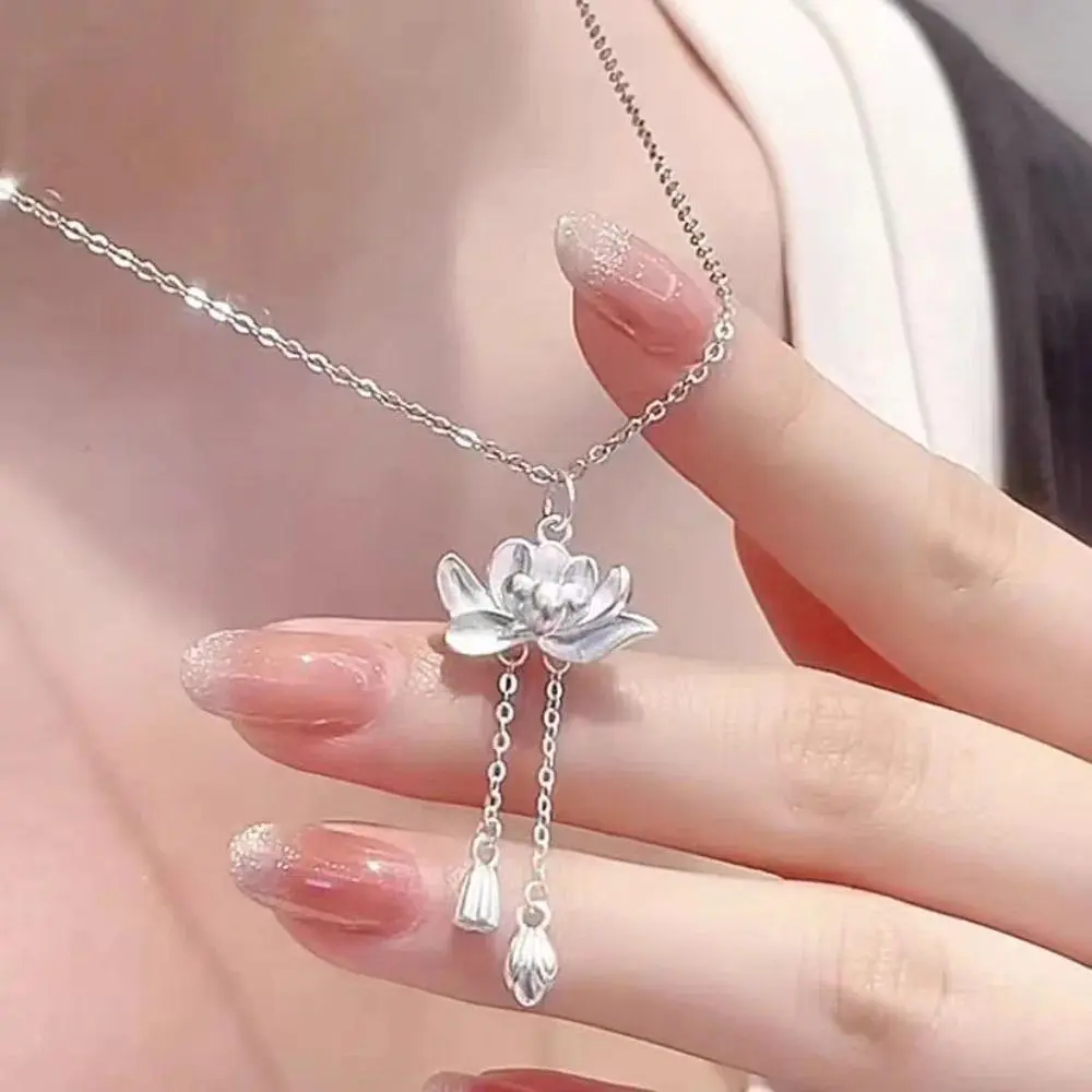 New Chinese Style Exquisite Matte Silver Lotus Pendant Necklace Earrings Sets for Women Implies Continuous Good Fortune Jewelry