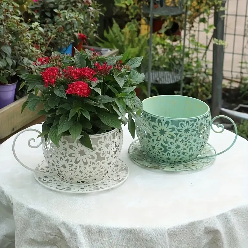 American Country Metal Flower Pot, Coffee Cup-Shaped Decorative Planter, Floral Pattern, Lightweight Durable Iron Art, Indoor Outdoor Decor