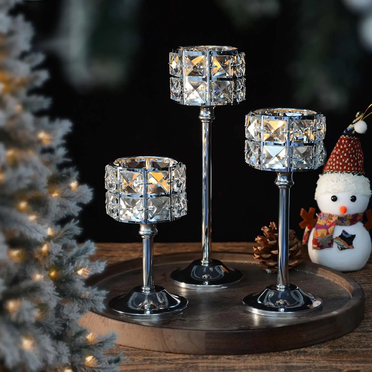 Crystal Metal Candle Holder, Square Crystal Beads Bling Tea Light Candlestick, Tall Votive Candelabra Elegant Centerpiece for Table Wedding Decoration, Home Decor (Silver, Set of 3)