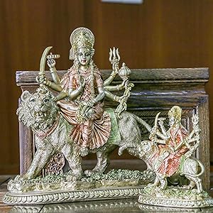 Alikiki Hindu Goddess Lord Durga Statue - India God Antique Gold Durga Murti Idol Home Temple Puja Sculpture Indian Diwali Day Mandir Pooja Decoration Family Spiritual Symbol Decor
