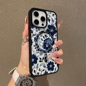 Navy Blue Floral Pattern Magnetic Phone Case, Ultra-Thin Shockproof Protective Cover, Chic Aesthetic Accessory Compatible with Apple Smartphone Series