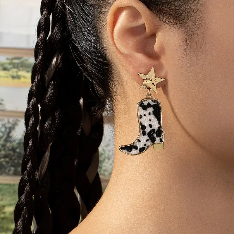 Western Cowboy Star & Cow Print Cowboy Boot Drop Dangle Earrings Gold Plated Furry Flannel Country Farm Wild West Women Vintage Retro Casual Outfit Jewelry Gift,Acrylic,Personalized