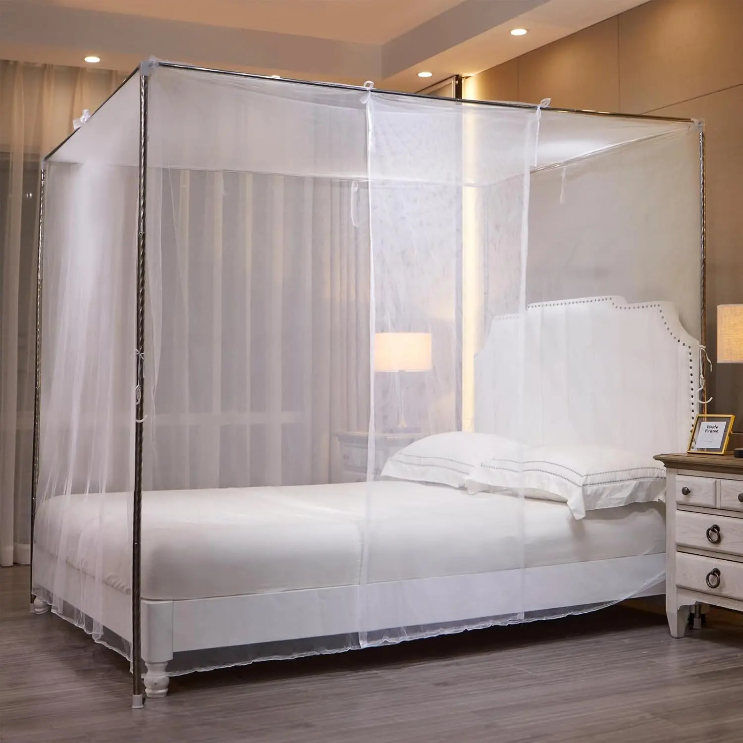 White Mosquito Net Tent for Bed，One Side Opening Canopy Netting Curtain Net for Bedroom Decoration for Queen Size（Without Bed Frame）