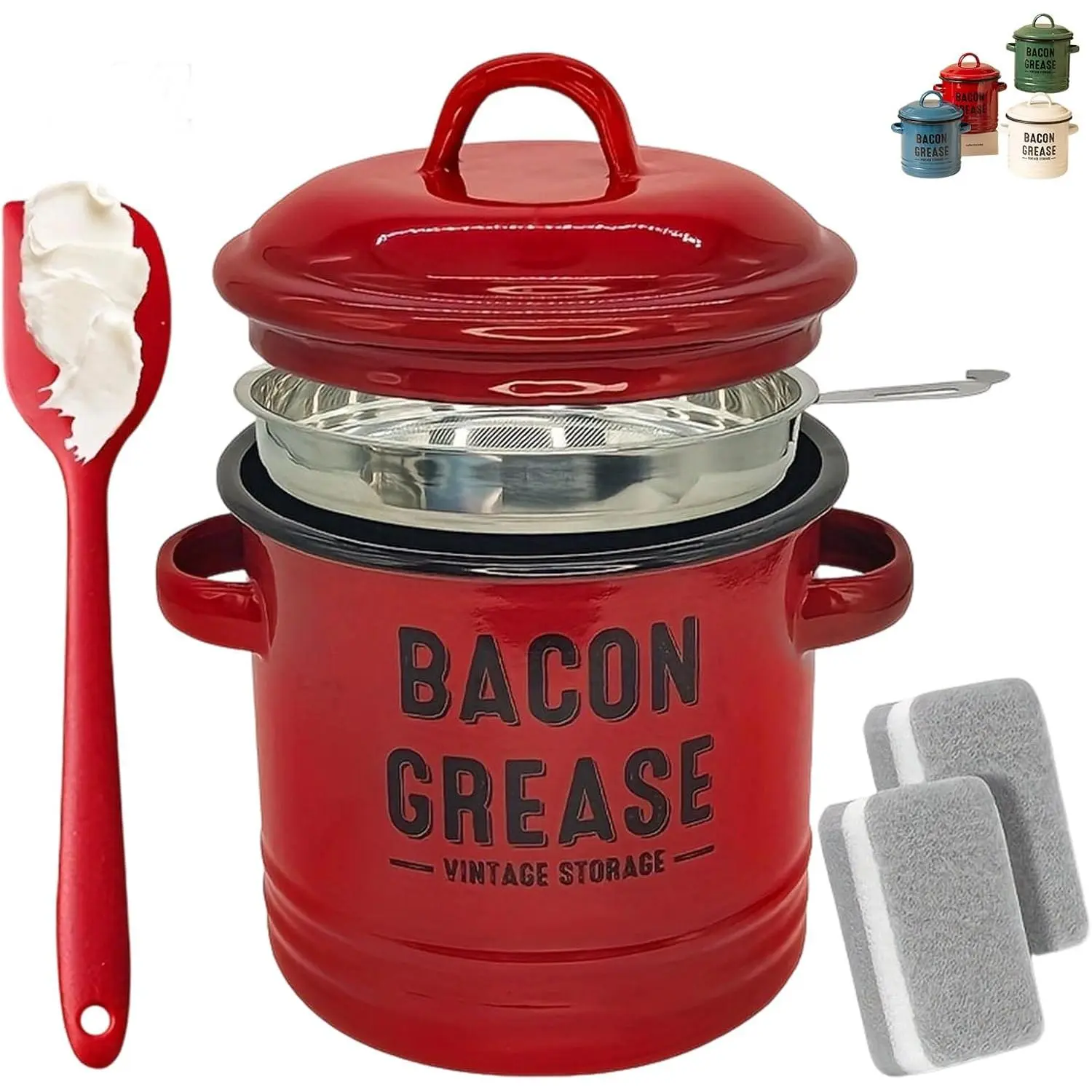 42 Oz Enamel Bacon Grease Container with Strainer and Spatula, Farmhouse Oil Storage Can for Kitchen, Large Capacity Grease Keeper, Dishwasher Safe