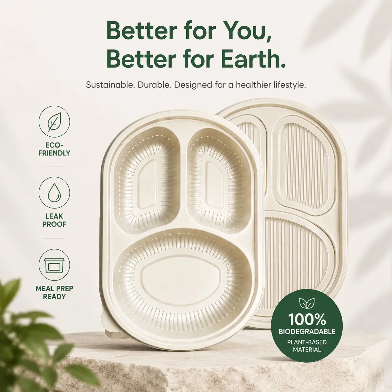 100% Biodegradable Three-Compartment Disposable Meal Box, Leak-Proof, Microwave Safe, Eco-Friendly, Ideal for Home, Office, Outdoor Use