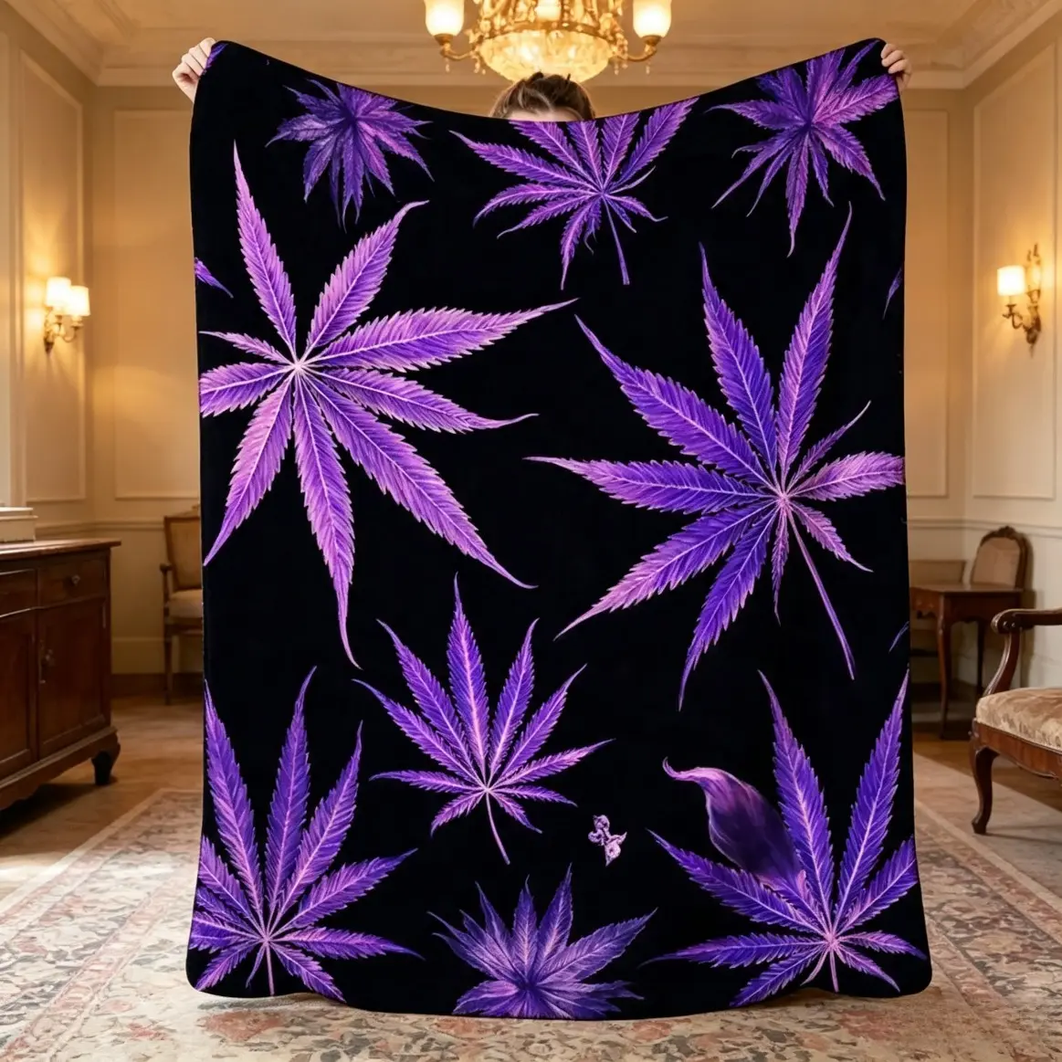 Purple Leaf Patterned Flannel Throw Blanket for Adults and Kids, Cozy Aesthetic Style, Soft All-Season Cover for Indoor Relaxation, Bed Sofa and Home Decor, Aesthetic Blankets and Home Bedding
