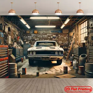 2D flat puzzle, polyester canvas tapestry, showcasing realistic workshop scenes, perfect for parties, studio props, and birthday decorations, showcasing vintage muscle car repair shop photography - tc