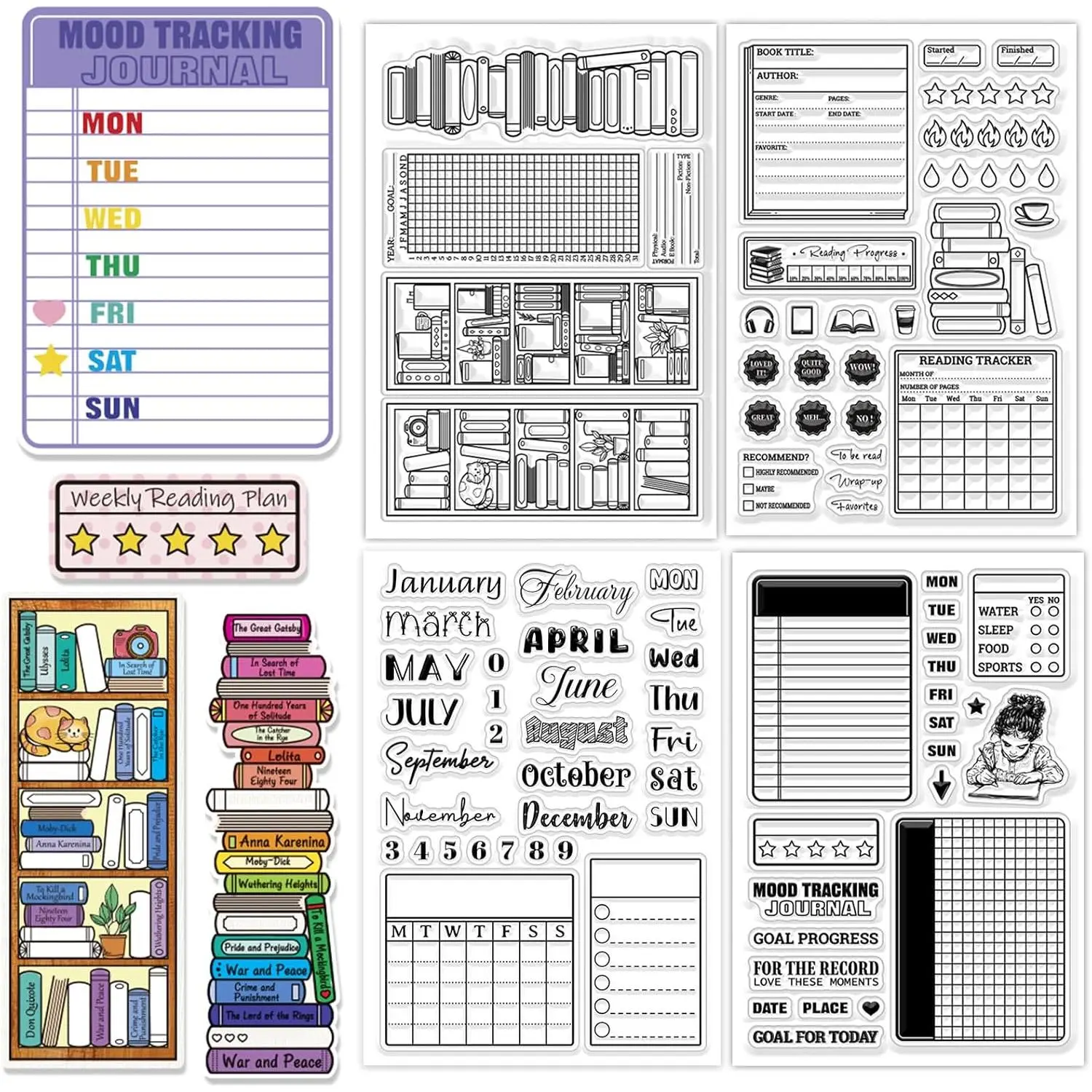 4 Sheets 4 Styles Books Clear  Labels Transparent  Diary  Clear  Seals for DIY Scrapbooking Photo Album Decoration, 4.3×6.3 inch