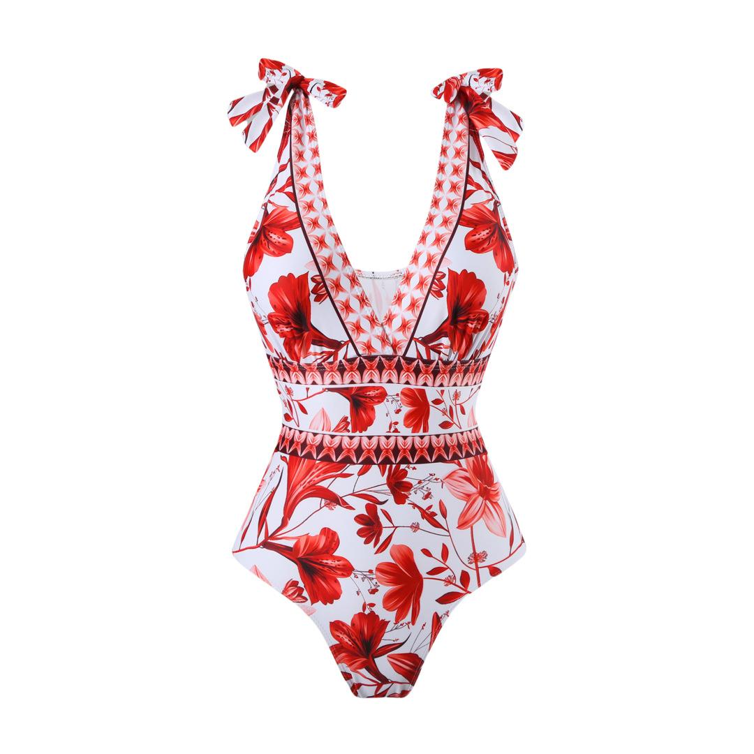 Women's V Neck Bohemian Print One-Piece Swimsuit and Matching Cover Skirt Set Summer Swimdress Swimming Vacation Beach Bathing SuitSuit Stylish Beachwear