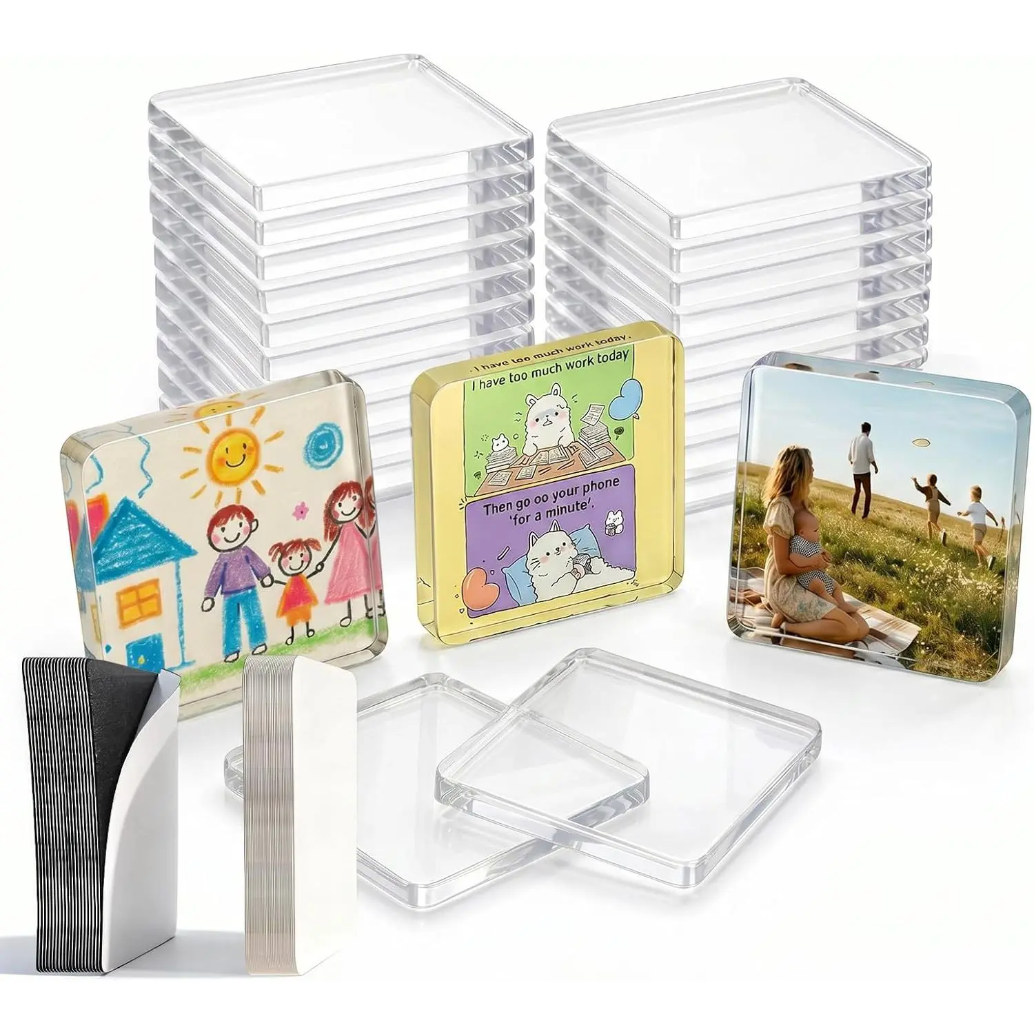 24 Pack Clear Acrylic Fridge Magnets - DIY Magnetic Photo Frames with Magnet & Adhesive Backing.Bulk Craft Kit Includes 26 Blank Cards & Organizer Box for Office Decor, Gifts & Art.