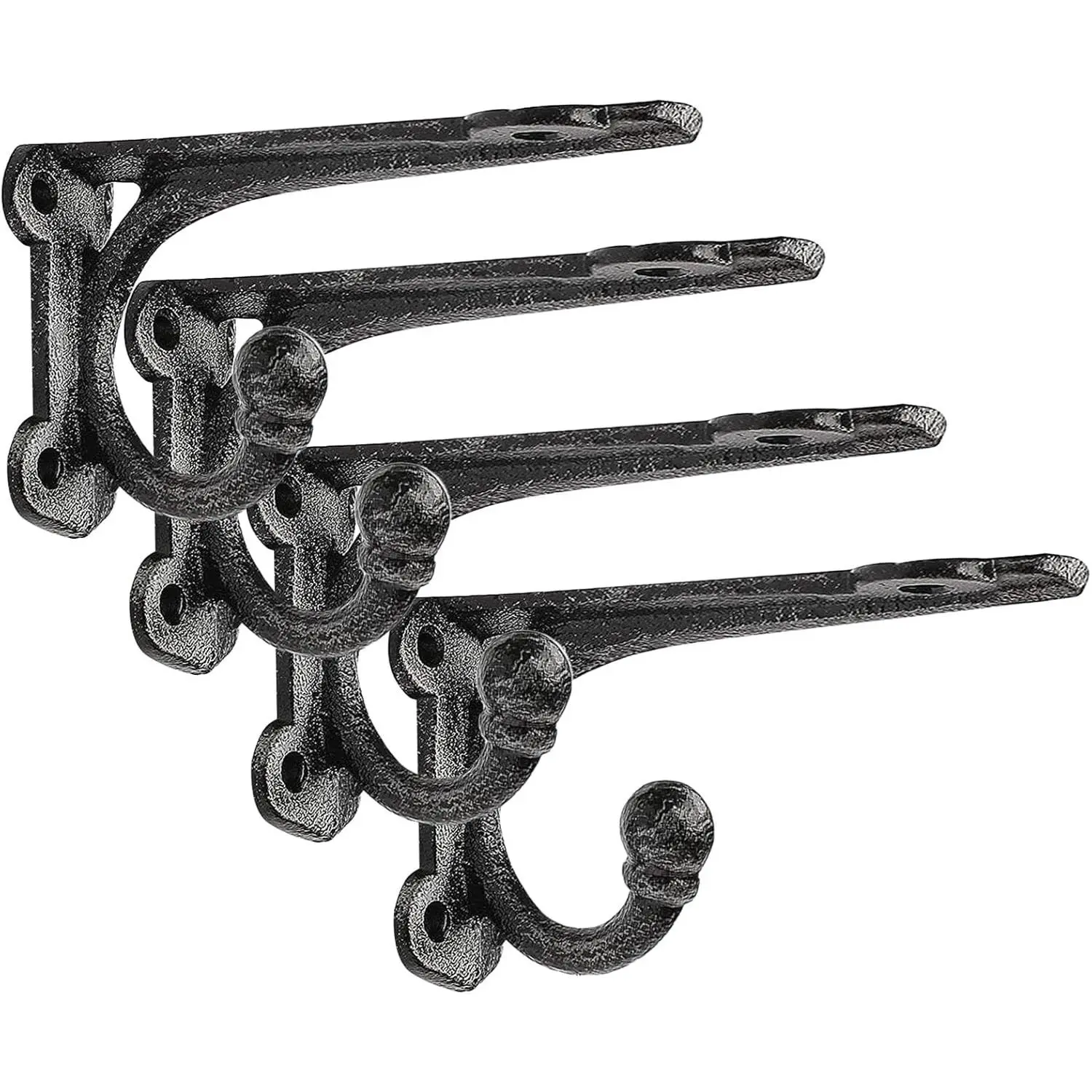 Cast Iron Shelf Brackets 4 Inch, 4 Pack Black Rustic Shelf Brackets with Hooks, Heavy Duty Floating Brackets Wall Mounted, Decorative Brackets for Wood Shelves