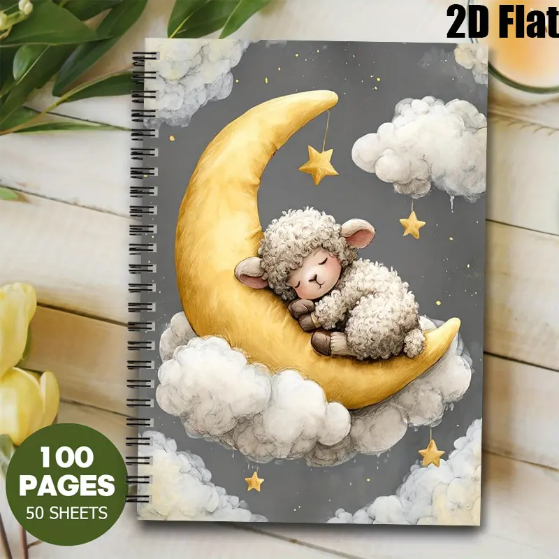 1pc Sleepy Lamb Moon Spiral Notebook, 5.7x8.26 Inch, Cute Animal Starry Sky Design, Lined Pages, Durable Coil Binding, Kids Bedroom Decor, Daily Journal, Bedtime Story Notes, Birthday Gift for Children, Nursery School Supplies, Dreamy Stationery