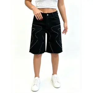 Black Loose Fit Denim Bermuda Shorts | Mid Rise Straight Leg, Frayed Patch Front, Sizes up to XXXL