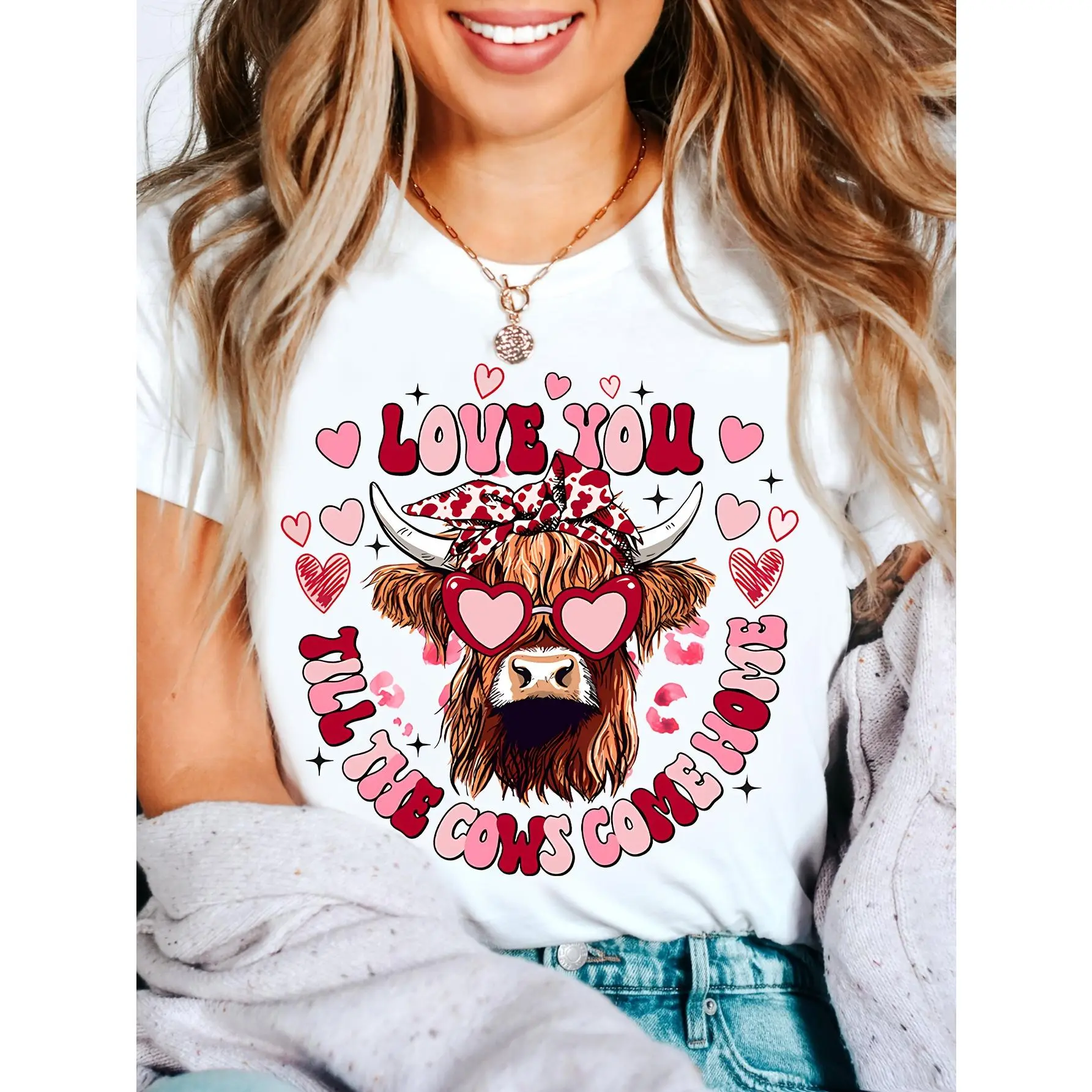 Women's Short-Sleeve Cotton Knit Casual T-Shirt, Highland Cow Valentine's Day Print, "Love You Until The Cows Come Home" Slogan, Shortsleeve, Fabric, Round Neck, Top, Tshirt, Fit, Tops