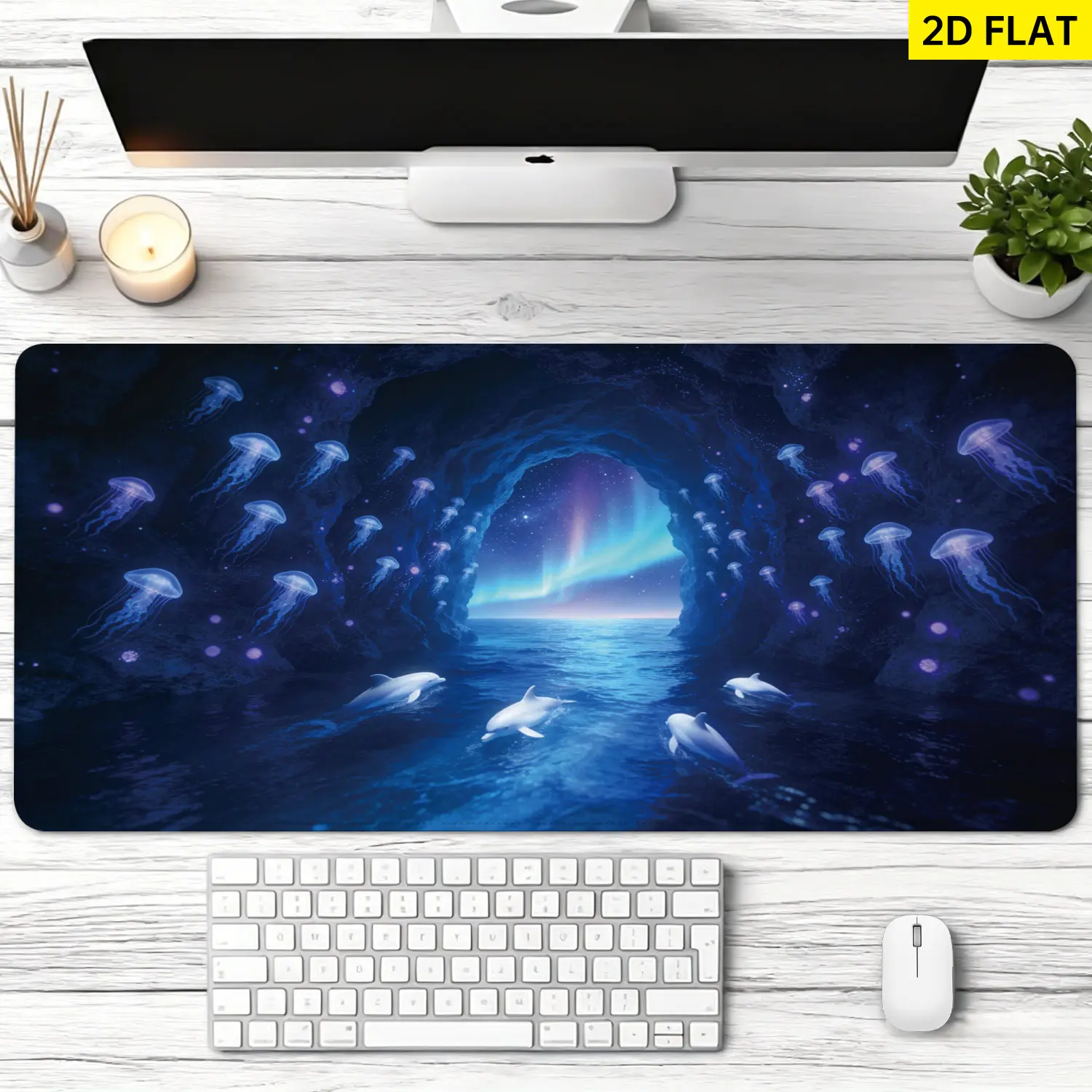 Extra Large glowing jellyfish and dolphins aurora cave Mouse Pad,Non Slip Rubber Pad,Desktop Decoration Drotection Pad,Washable,Lock Edge Multi Size,Premium Multipurpose Mousepad For Home,Office,Gift for Family and Friends