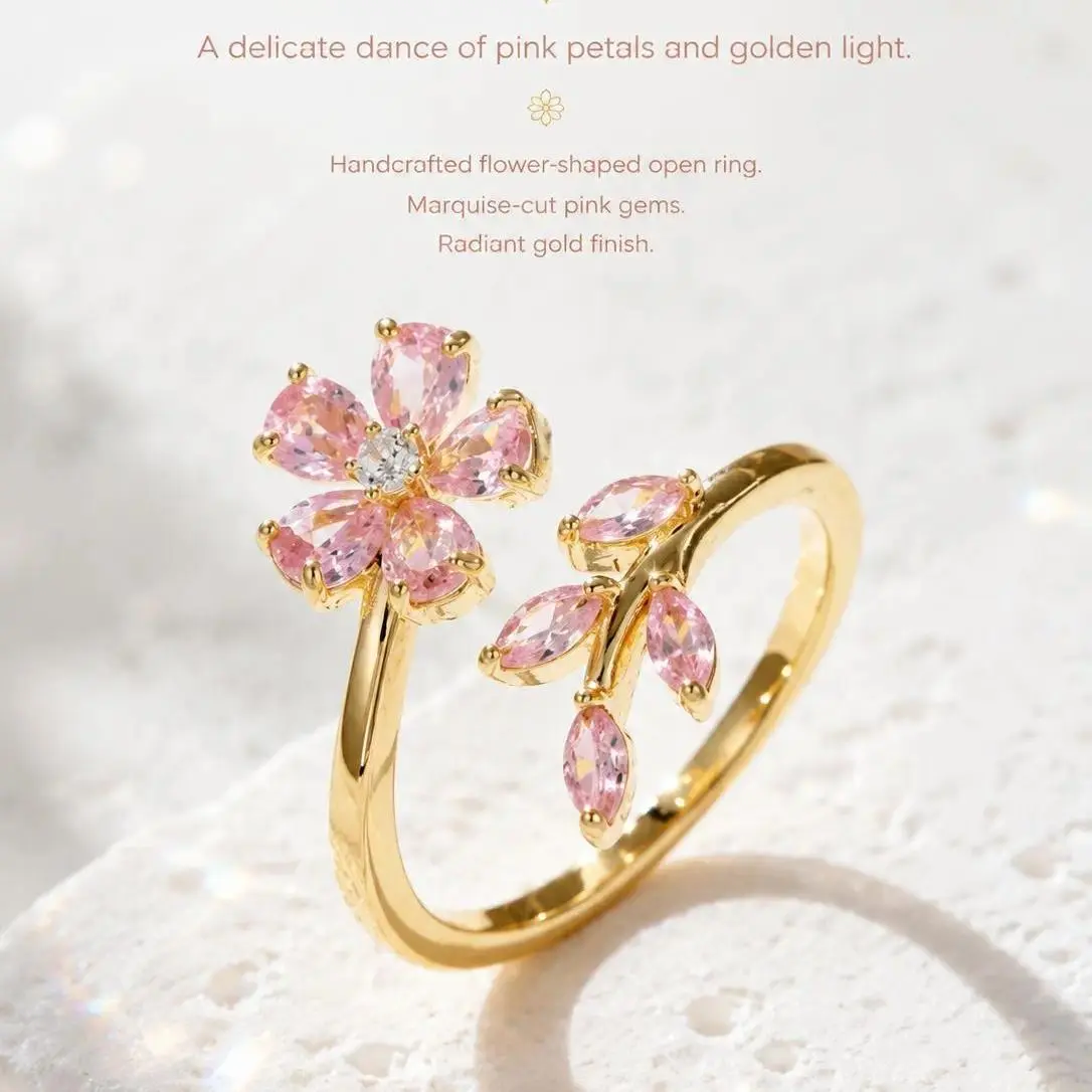 Trendy Gold Tone Pink Crystal Stackable Flower Ring Set, Elegant Adjustable Jewelry for Women, Everyday All-Match Accessory, Great Valentine's, Anniversary & Birthday Gift for Her