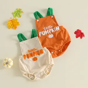 Infant Baby Boy Girl Halloween Outfit Romper Overalls Little Pumpkin Embroidery Newborn Sleeveless Ribbed Jumpsuit Bodysuit Photo Clothing