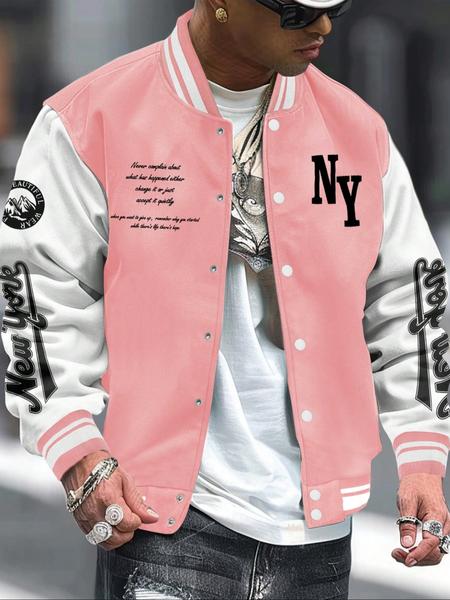 Men's Letter Print Baseball Collar Bomber Jacket, Loose Casual Sporty Long Sleeve Varsity Jacket for Fall & Winter, Men's Outerwear for Daily Wear