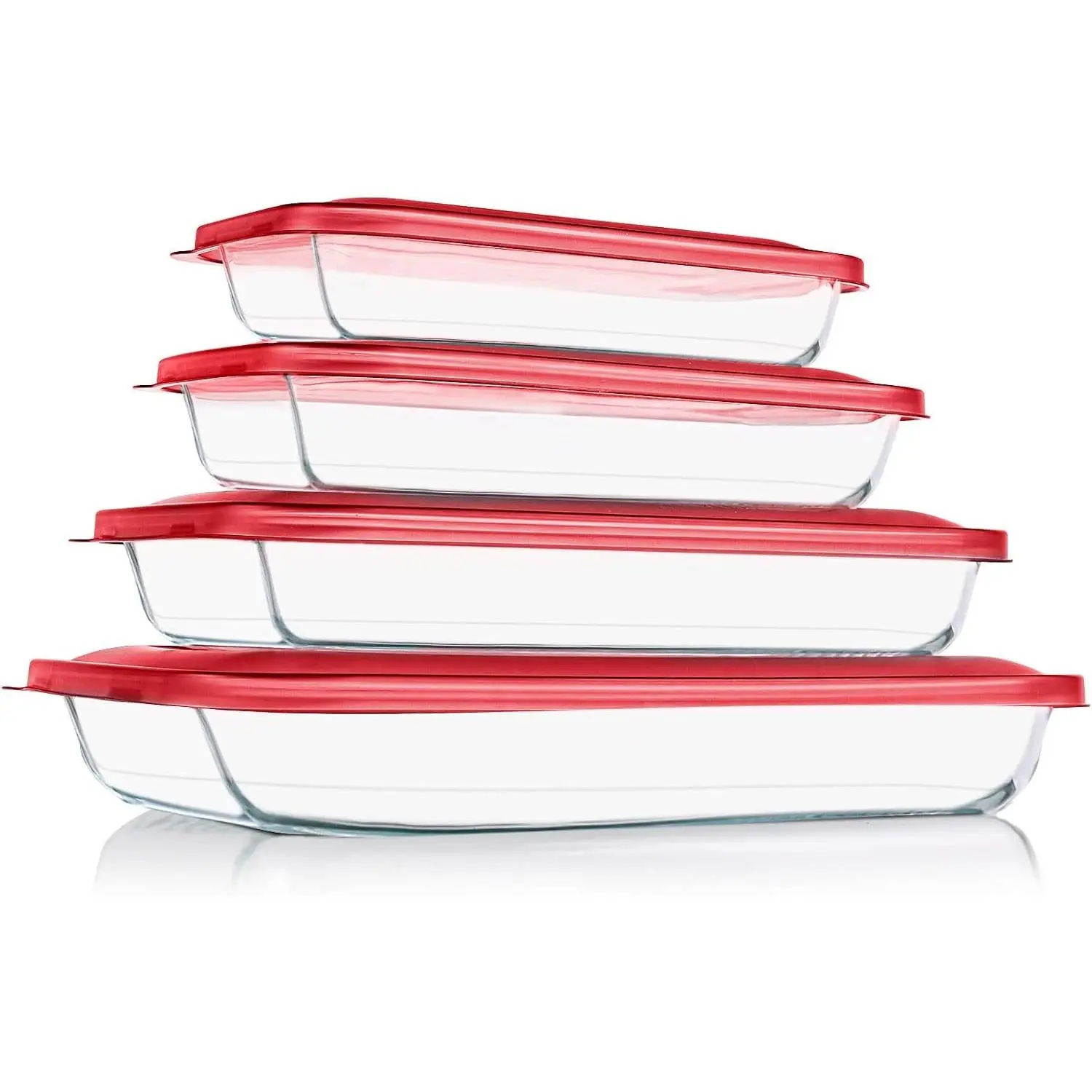 KOMUEE Multi-Size 8-Piece Stackable Rectangular Glass Bakeware Set with Transparent BPA-Free Plastic Lids & Handles, Lasagna Dish for Fridge-to-Oven Use