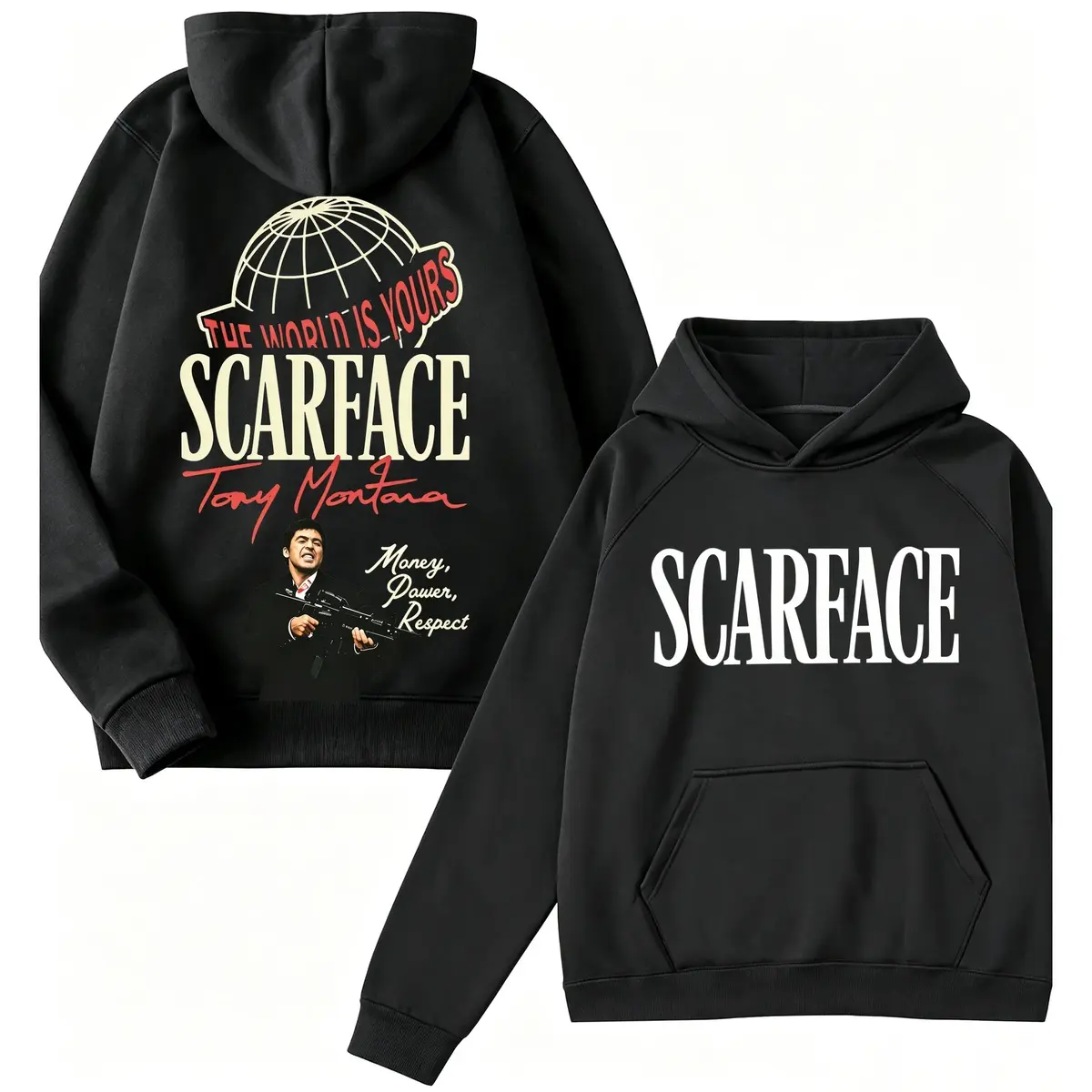 Men's Unisex Scarface-Inspired 2-Sided Graphic Hoodie, Tony Montana "The World Is Yours" Print, Retro Movie Fan Streetwear, Y2K Casual Cotton Blend Pullover, Black/White Options, Menswear Gift