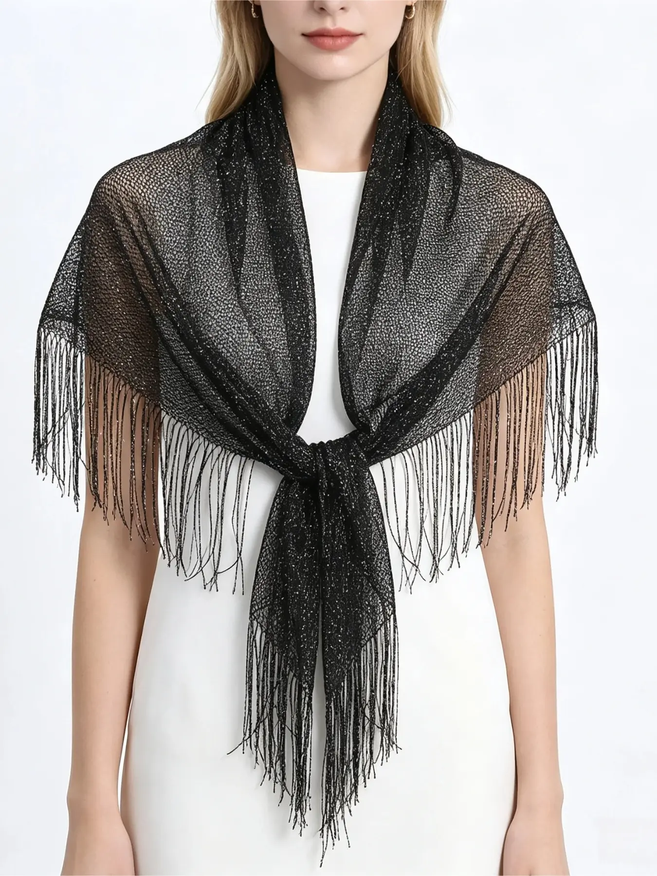 1pc Black Glitter Mesh Tassel Shawl Women Sheer Fringe Evening Wrap Scarf Wedding Party Shoulder Cover Up