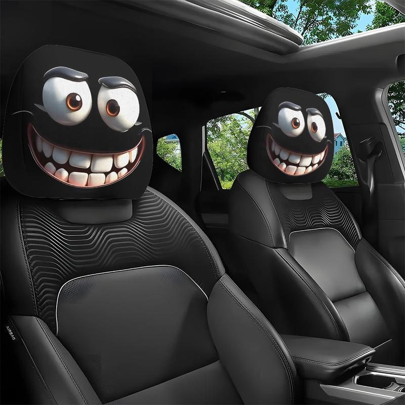 2pcs Set of Funny Big-Eyed Grinning Cartoon Print Car Seat Headrest Covers, Universal Fit for Long Road Trips & Daily Commutes – Perfect for Halloween/Christmas Holiday Decor, Car Interior Decoration