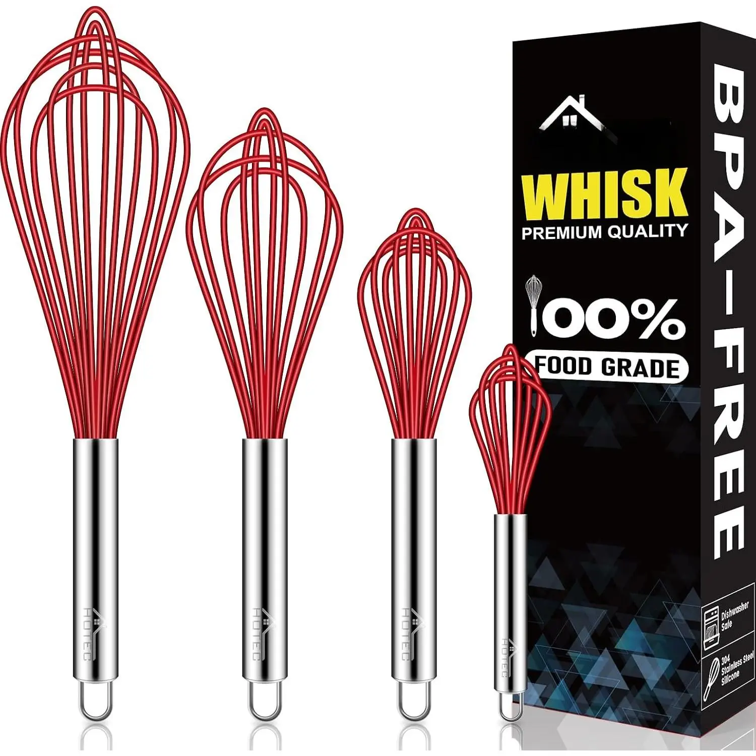 4 count  Whisks Set, Wire Balloon Whisks for cooking Egg Beater, Non-slip Handle Whisk for Non-stick Cookware  for Cooking, Stirring, Beating and Blending,Red