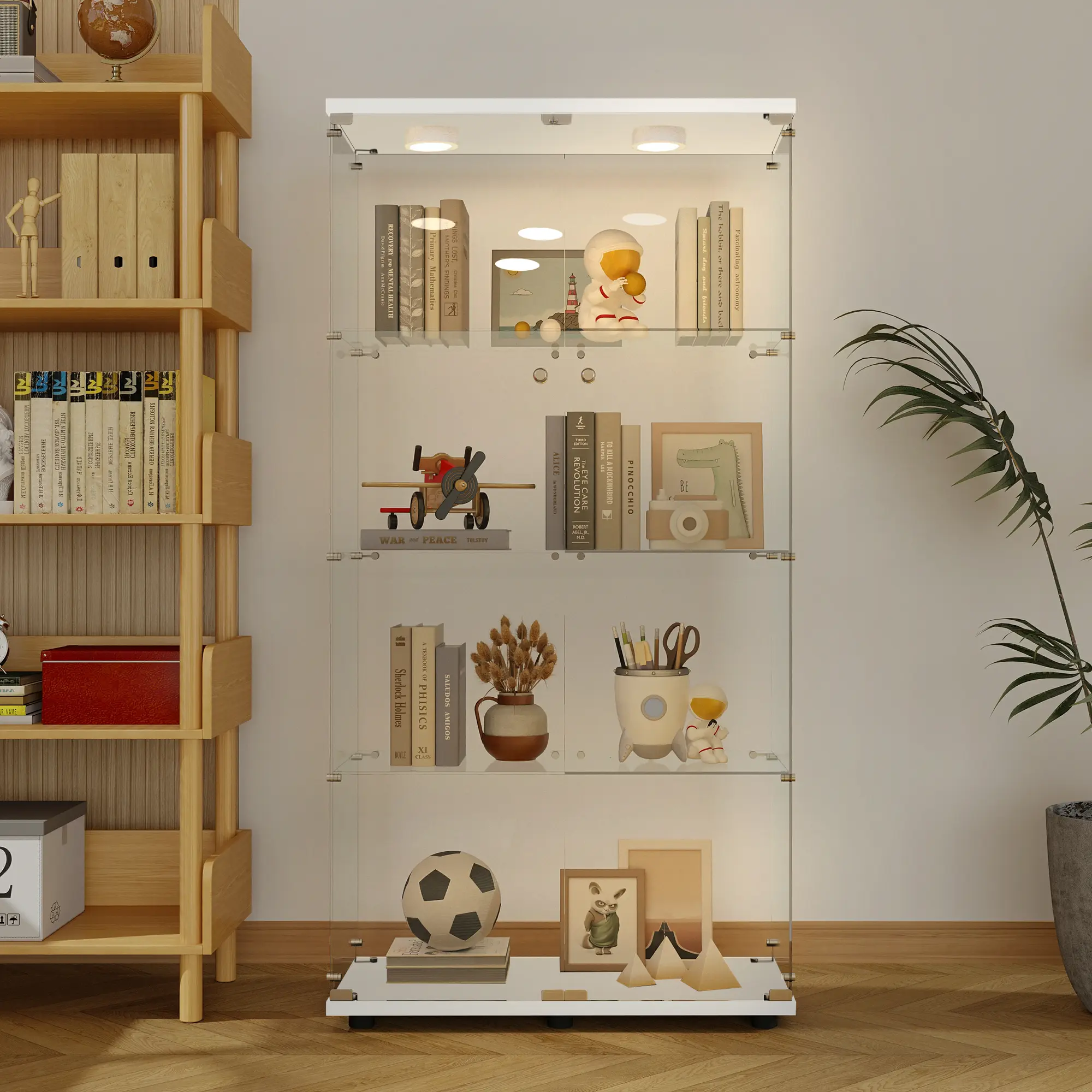 ARCH Tempered Glass Display Cabinet with Remote Control RGB LED Lights, White Storage Cabinet with 3-4 Shelves, Lockable Door, Adjustable Feet, for Living Room, Dining Room, Home Office, 64.7H, White Color Options, Particle Board/Tempered Glass