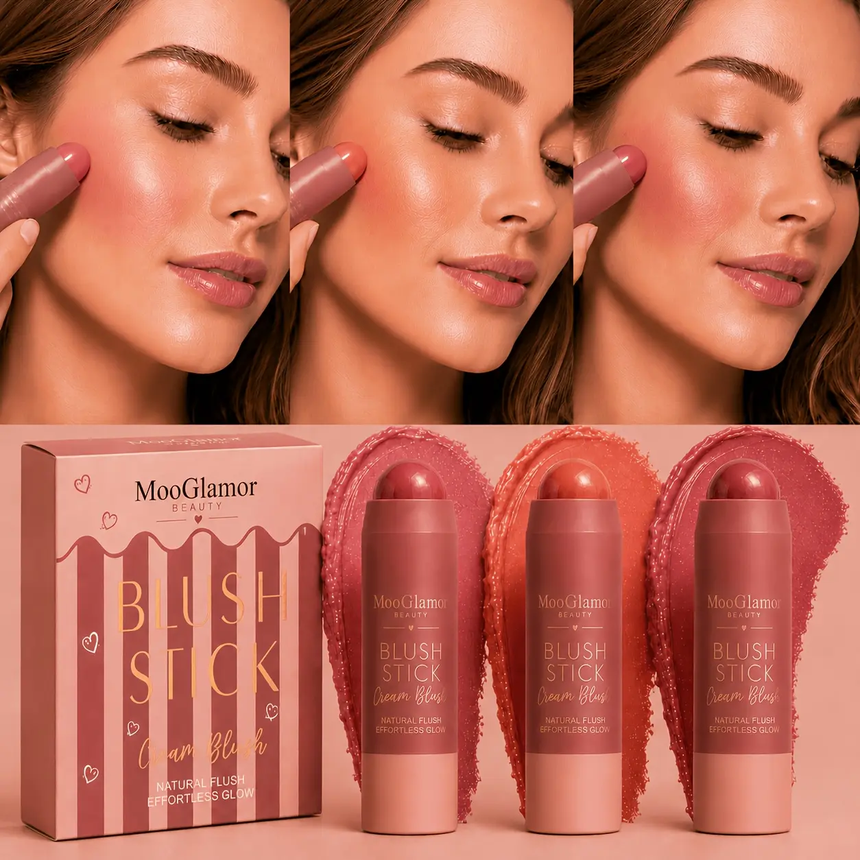 1/3-pack Soft Cream Blush Sticks, Waterproof, Long-lasting, Natural Matte Soft Flush Finish Makeup Sticks, Ideal for Daily Makeup Looks