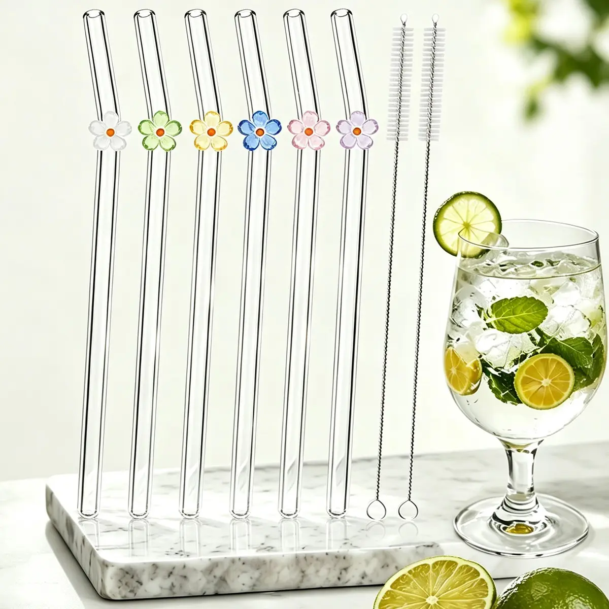 6-Pack Transparent Glass Reusable Straws with Petals, Heat-Resistant Borosilicate, Easy Clean Brush Set, Ideal for Milk Tea, Juice, Cocktails
