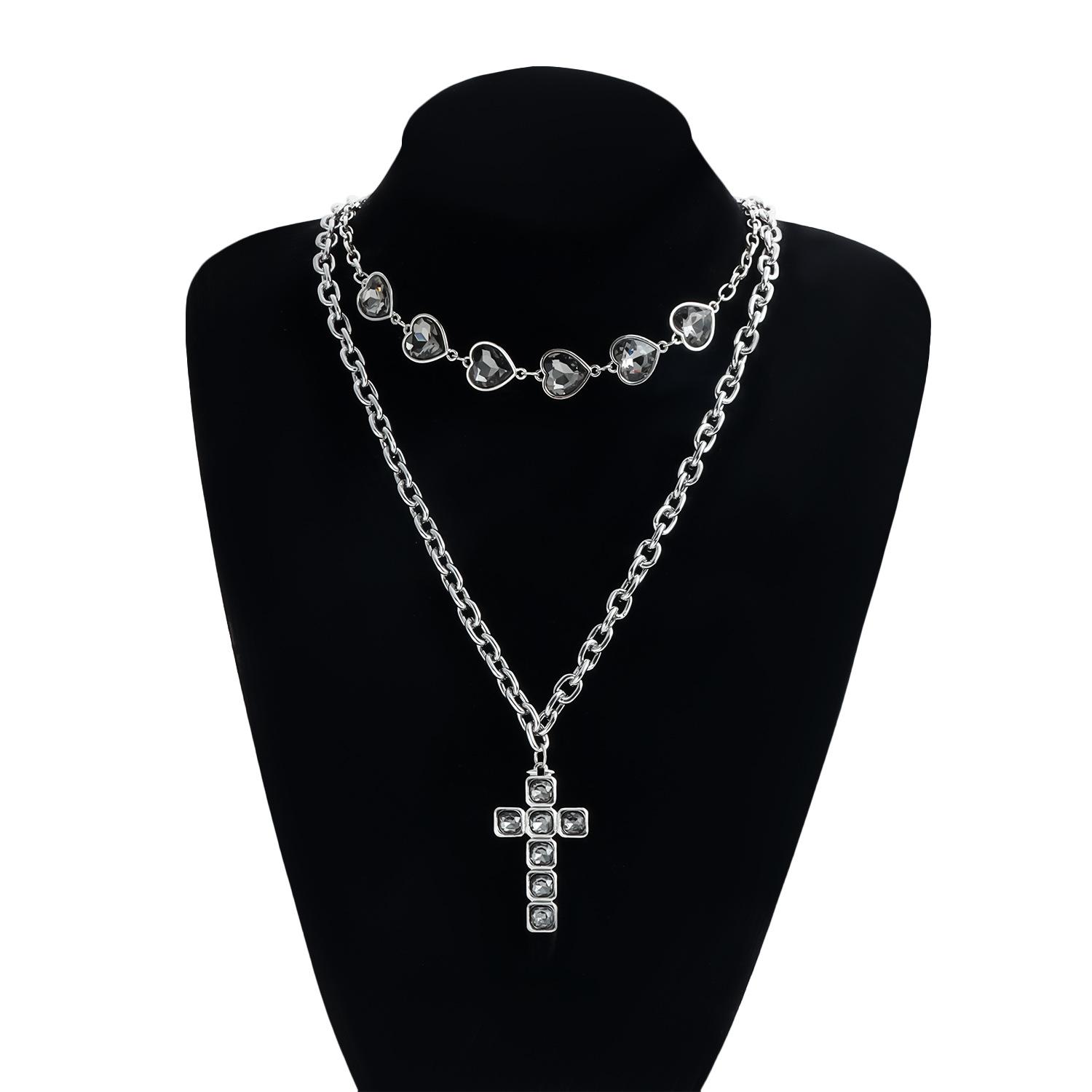 Layered Cross Necklaces for Women Silver Chunky Chain Black Heart Choker Pendant Punk Party Concert Everyday Streetwear Trendy Jewelry Gifts