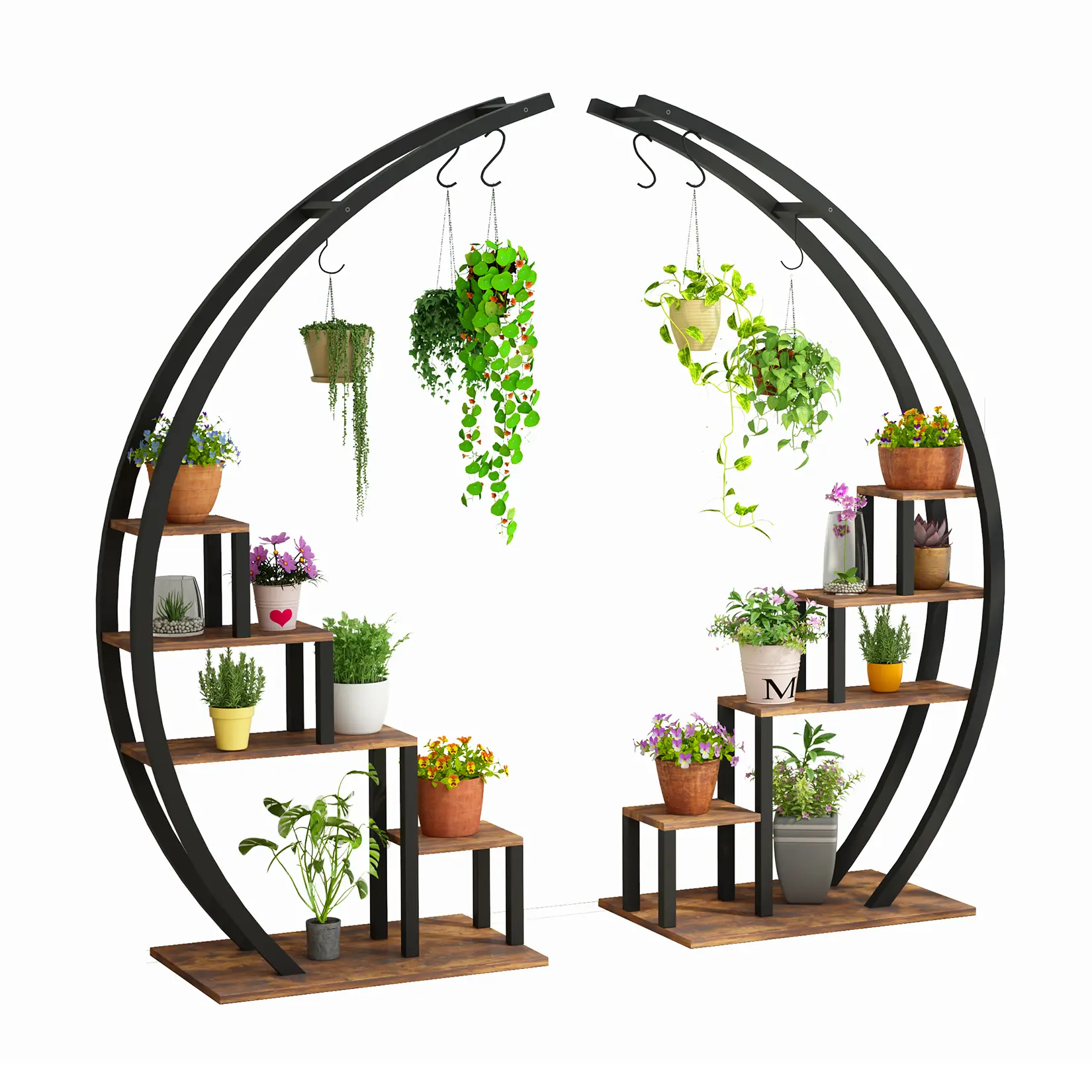 Set of 2 tall 5-tier metal plant stands in half moon ladder style, fitted with 6 hooks. Ideal for displaying flower pots indoors and outdoors