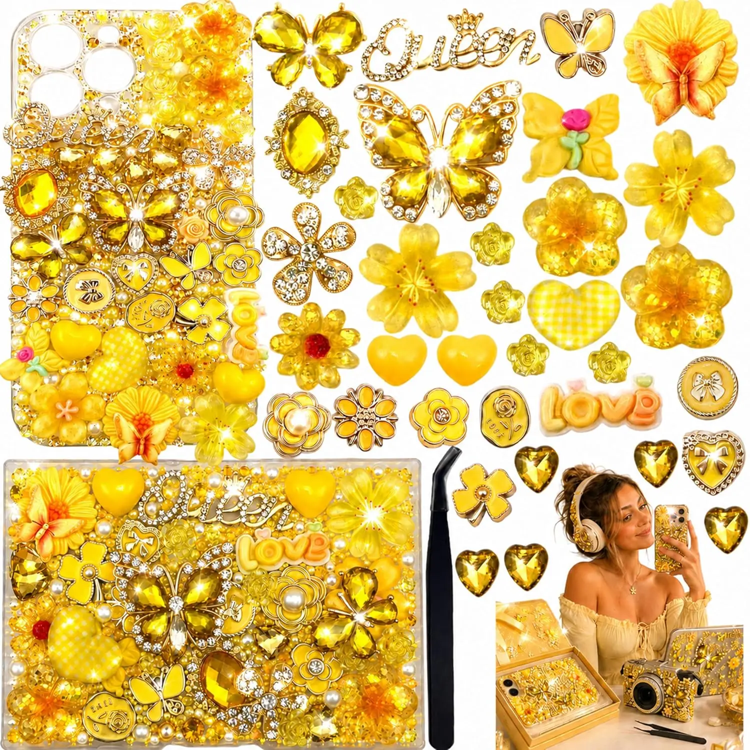 Junk Case Large Charm Kit, Sweet Yellow Phone Case Charms with Large Rhinestone Butterfly, Alloy Rhinestone Flower, Assorted Resin Flowers&Butterfly Charms for DIY Girls & Social Media Crafting