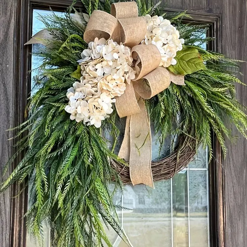 1pc Low-Maintenance Artificial Hydrangea Willow Leaf Wreath - 1-Piece Home/Wall/Farmhouse Porch Ornament, Day of the Dead Accent with Valentine’s Heart Ornaments, Mini Wooden Christmas Tree & Hawaiian Graduation Leis for Grandma, Day Of Dead