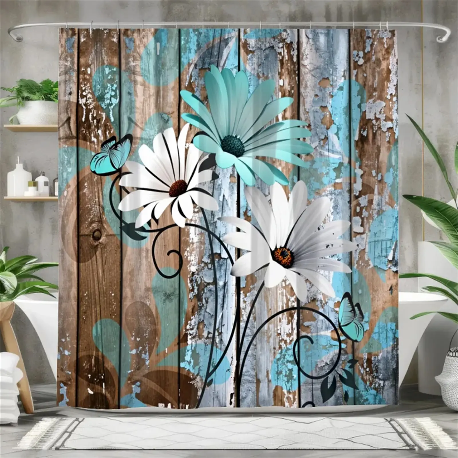 Classic Polyester Straight-Hanging Retro Wooden Daisy Pattern Shower Curtain Set - Waterproof with 12 Hooks, Non-Slip Bathroom Carpet, U-Shaped Toilet Cushion, Toilet Seat Cover, Bathroom Decor, Ideal Mobile Gift, Four Pieces
