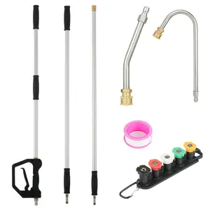 12FT Heavy Duty Telescoping Pressure Washer Extension Wand, 4-Section Aluminum Pole with 30° Bent & U-Shaped Ends, Equipped with 5 Spray Nozzles, Quick Connect Trigger & 19FT Extension Hose, High Pressure Outdoor Cleaning Tool
