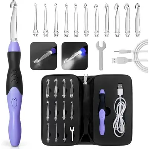 LED Light Rechargeable Battery Multi-Gauge Interchangeable Tips Crochet Hooks Set, 17 Sizes 2.5mm-14.0mm, USB-Charged for Anytime DIY Knitting & Crochet Projects