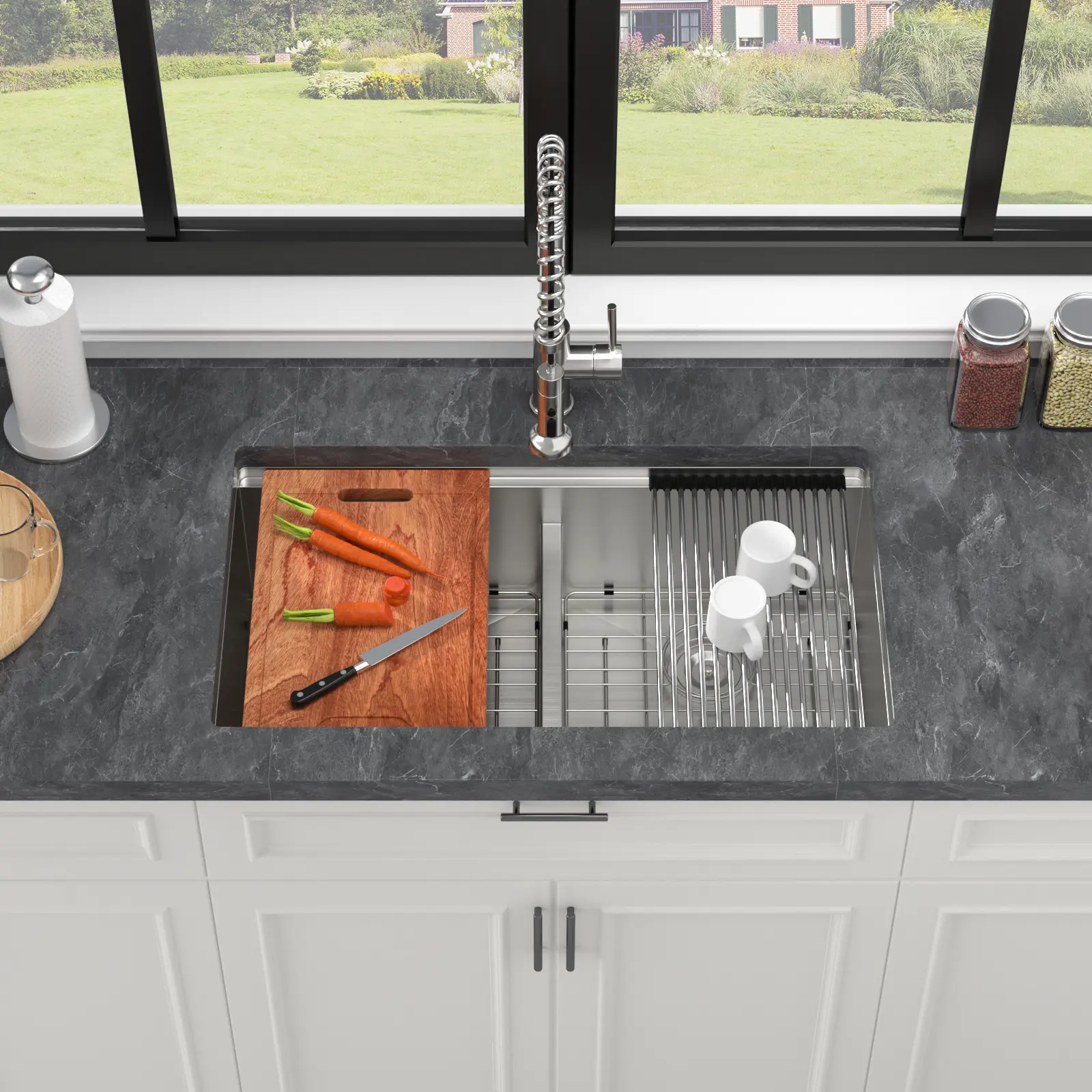 ARCH 33 x 19 x 10 Inch Undermount Double Bowl Kitchen Sink 16 Gauge T304 Stainless Steel Brushed Nickel 50/50 Low Divider Workstation with Accessories for Kitchen, Brushed Nickel Color Options, Stainless Steel Material, Product Dimensions: 19.00 W