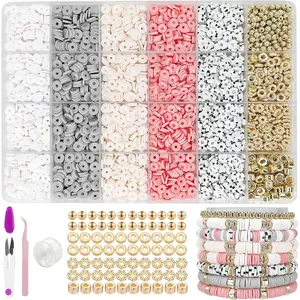 Boho Neutral Clay Bead Bracelet Kit, Heishi Beads, Flat Clay Beads and Gold Spacer Beads for Jewelry Making, Friendship Bracelet Beads Kit for Valentine's Day, Crafts, Raves, Gifts