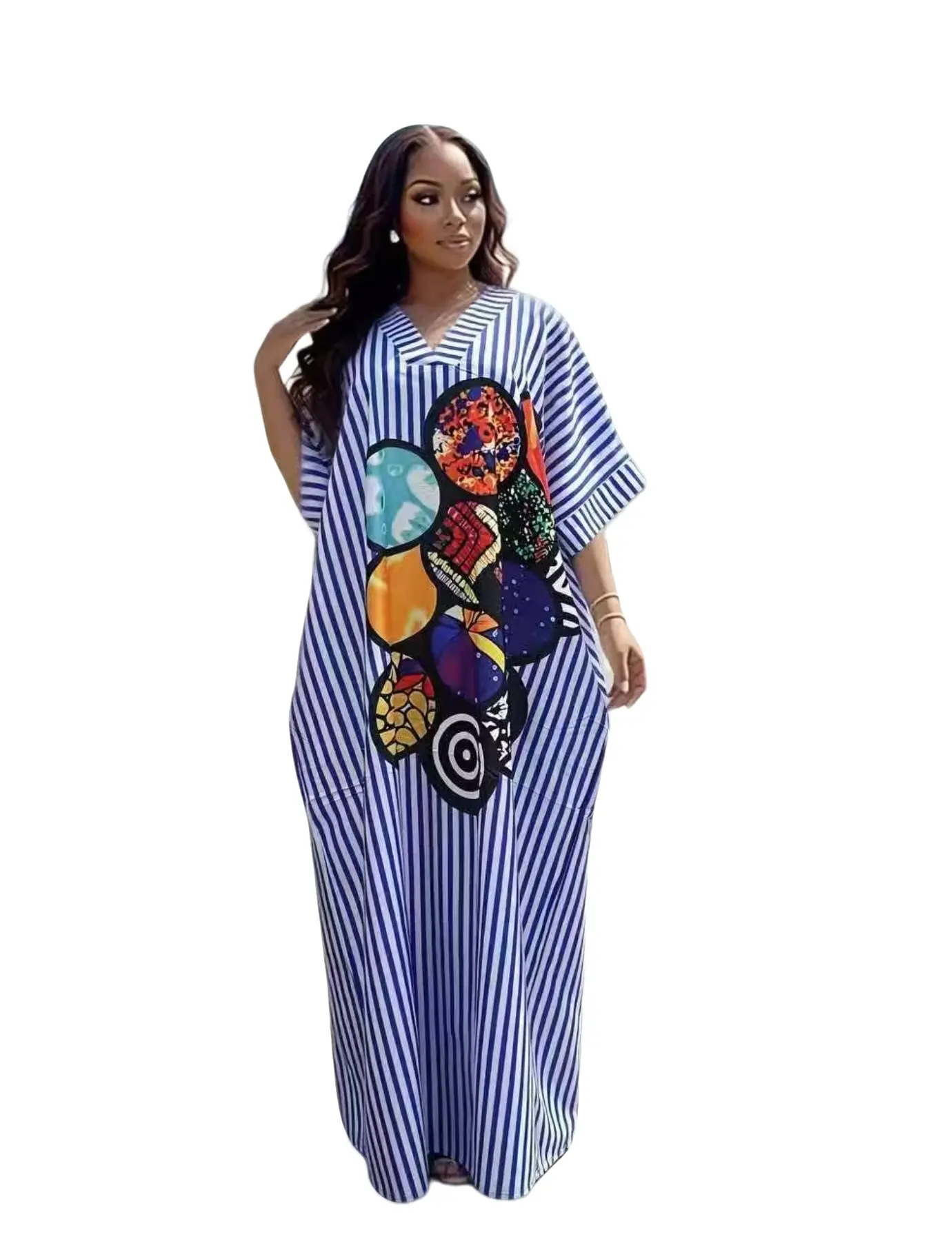 African plus women's striped V-neck loose long robe dress with color geometric print short sleeved shirt that shows off the slimming effect long skirt, Chic, Casual Boho Chic, casual daily outdoor versatile multi-color loose