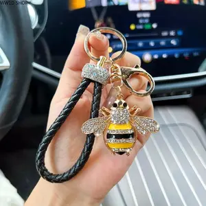 Rhinestone Bee Keychain  Rhinestone Bee Keychain for Women, Braided Rope Bag Charm and Key Ring Accessory, Cute Wasp Pendant for Bags, Keys and Daily Carry